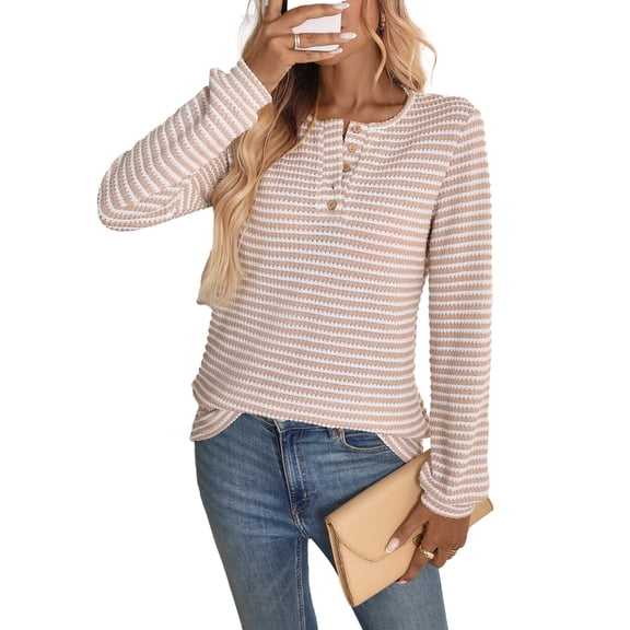 Women's Striped Henley Long Sleeve Top, Button Neck Loose Knit T-Shirt for Casual Workday Layering