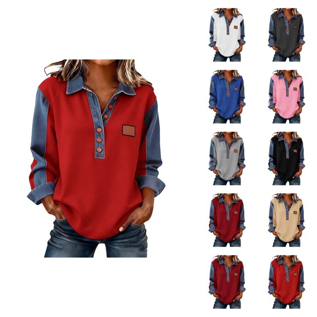 Chemises à Manches Longues pour Femmes 2026 Mode Printemps Bouton Col en V Col à Revers Patchwork en Denim Chemises Décontractées Blouse Tops