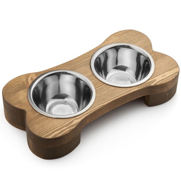 Pit stop Pet Food Bowls with Stand, Puppy Dog Feeding Bowls With Non-Skid Wooden Stand, Set of 2 Stainless Steel Food and Water Bowls for Dogs and Cats With Pine Wood Holder-Natural Wood Color-PET0008
