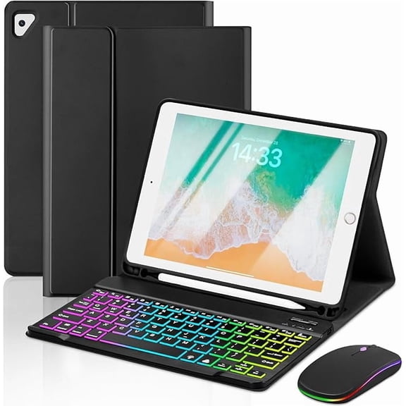 7-Color Backlit Keyboard & Mouse Set, Black for iPad 5th/6th Gen/Air 1/Air 2/Pro 9.7"