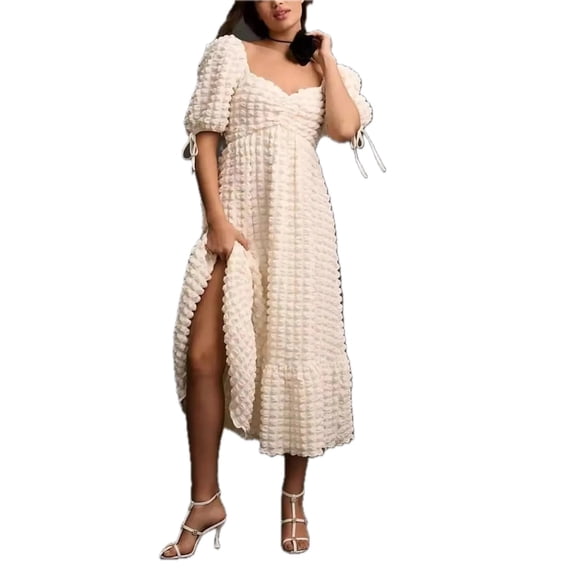 Women's Textured Sweetheart Neck Short Sleeve Dress with Smocked Bodice and Tied Waist 80% Polyester 20% Cotton