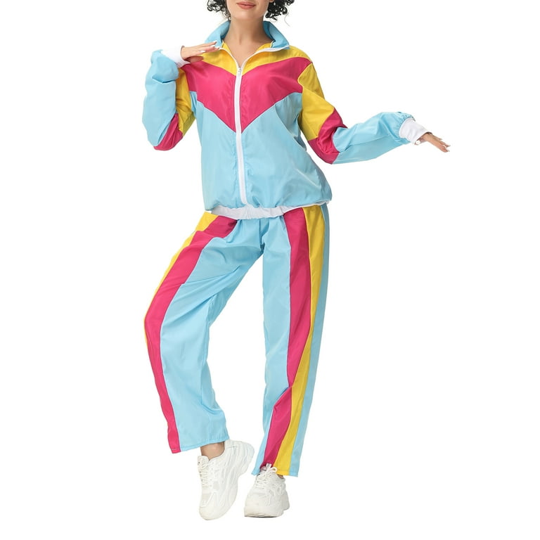 Women's 80s Tracksuit Retro Hip Hop Windbreaker Women Disco Tracksuit Sets  Colorblock One Piece Outfits Set