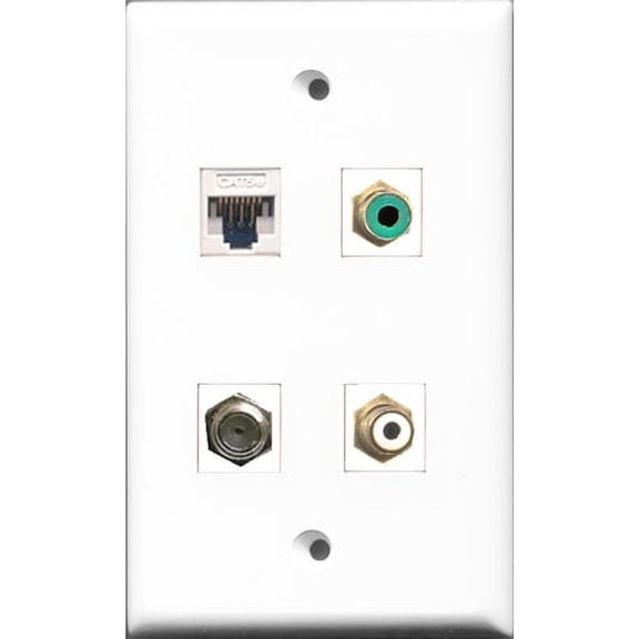 RiteAV 1 Port RCA White and 1 Port RCA Green and 1 Port Coax Cable TV- F-Type and 1 Port Cat5e Ethernet White Wall Plate