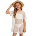 thumbnail image 4 of CAICJ98 Girls Crochet Swim Cover Up Short Sleeve Crewneck Swimsuit for Girls Summer Boho Bathing Suits Hollow Out Beach Short Coverups (White,7-8 Years), 4 of 7