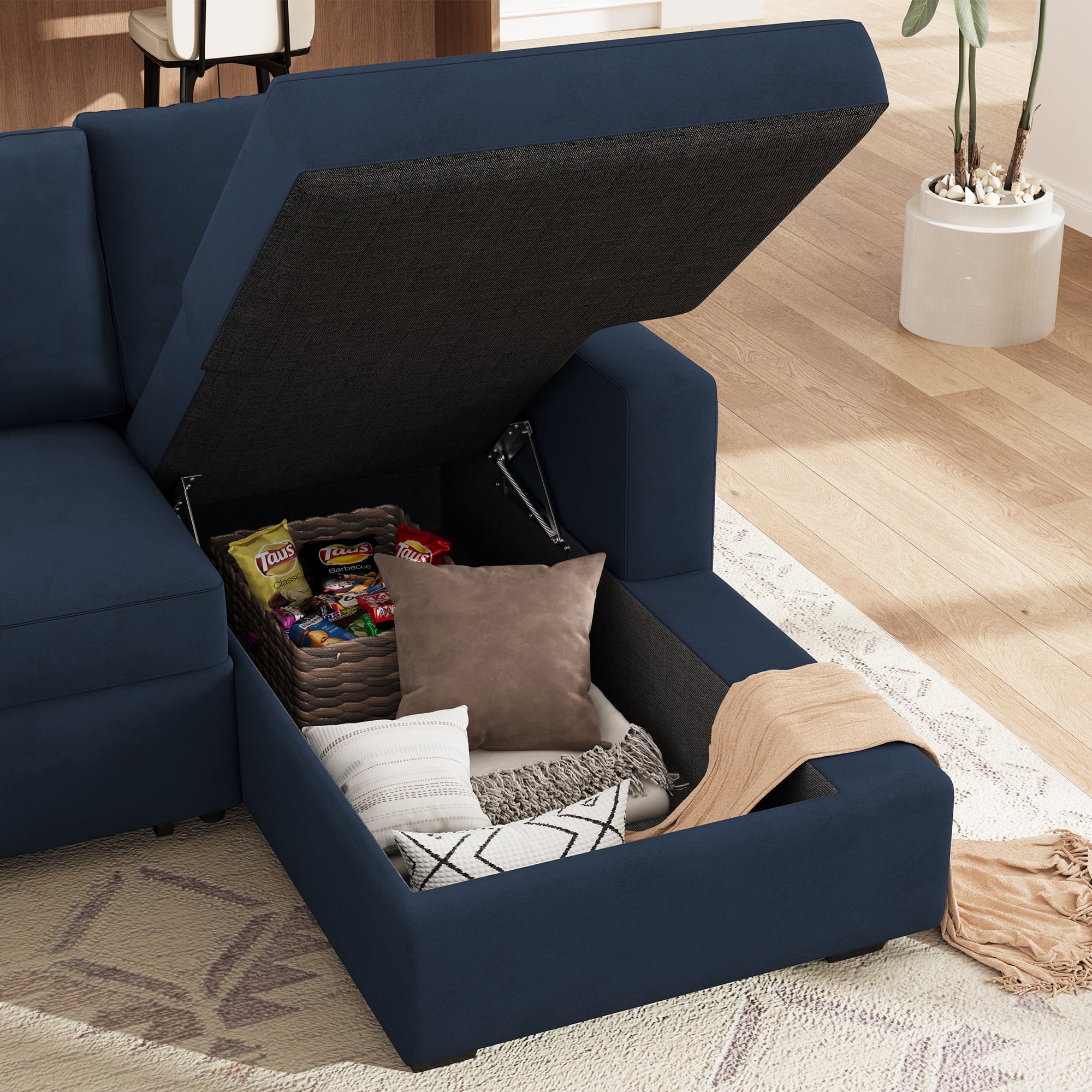 Marrber Modular Sectional  Pull-Out Sofa Bed  with Storage Velvet U-Shaped Convertible Sleeper Sofa for Living Room, Blue