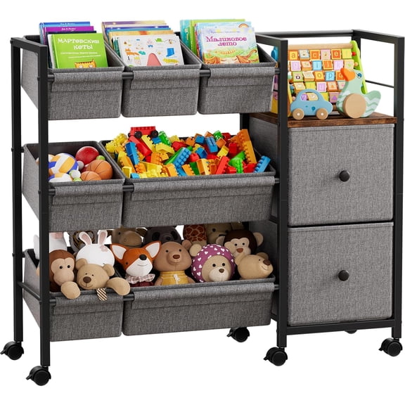 Kids Toy Organizers and Storage Bins - 7 Storage Bins 2 Fabric Drawers 1 Bookshelf, Playroom Storage, Mobile Cart Organizer for Toy, Clothes, Blankets and Books - Black