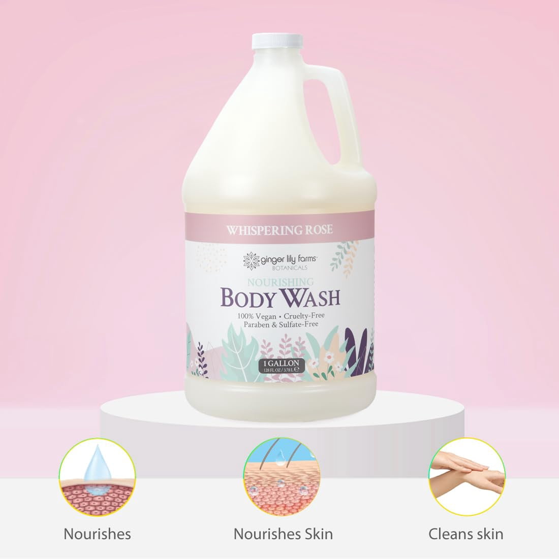 Ginger Lily Farms Botanicals Nourishing Body Wash, 100% Vegan & Cruelty-Free, Whispering Rose Scent, 1 Gallon (128 fl oz) Refill