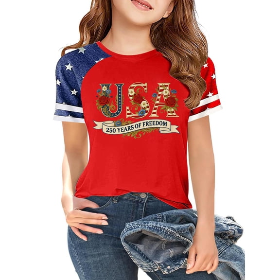 CCRFTGI American Flag Shirts for Kids Girls Boys Size 7 Independence Day Cute Tops 4th Of July 250 Anniversary USA Flag Outfits Red White and Blue Summer Tops Festival Tee Tops Wine 5-6 Years