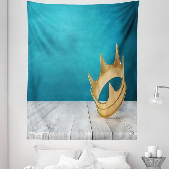 Empress Tapestry, Digital Effect Royalty Related Crown Motif on Wooden Floor Pattern, Fabric Wall Hanging Decor for Bedroom Living Room Dorm, 5 Sizes, Sea Blue Ecru and Grey, by Ambesonne