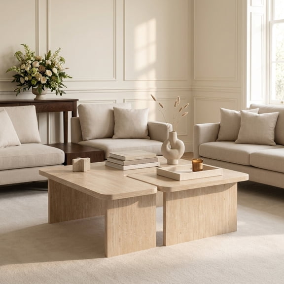 FFZ Modular Travertine Coffee Table Set of 2 with L-Shaped Puzzle Design, Beige