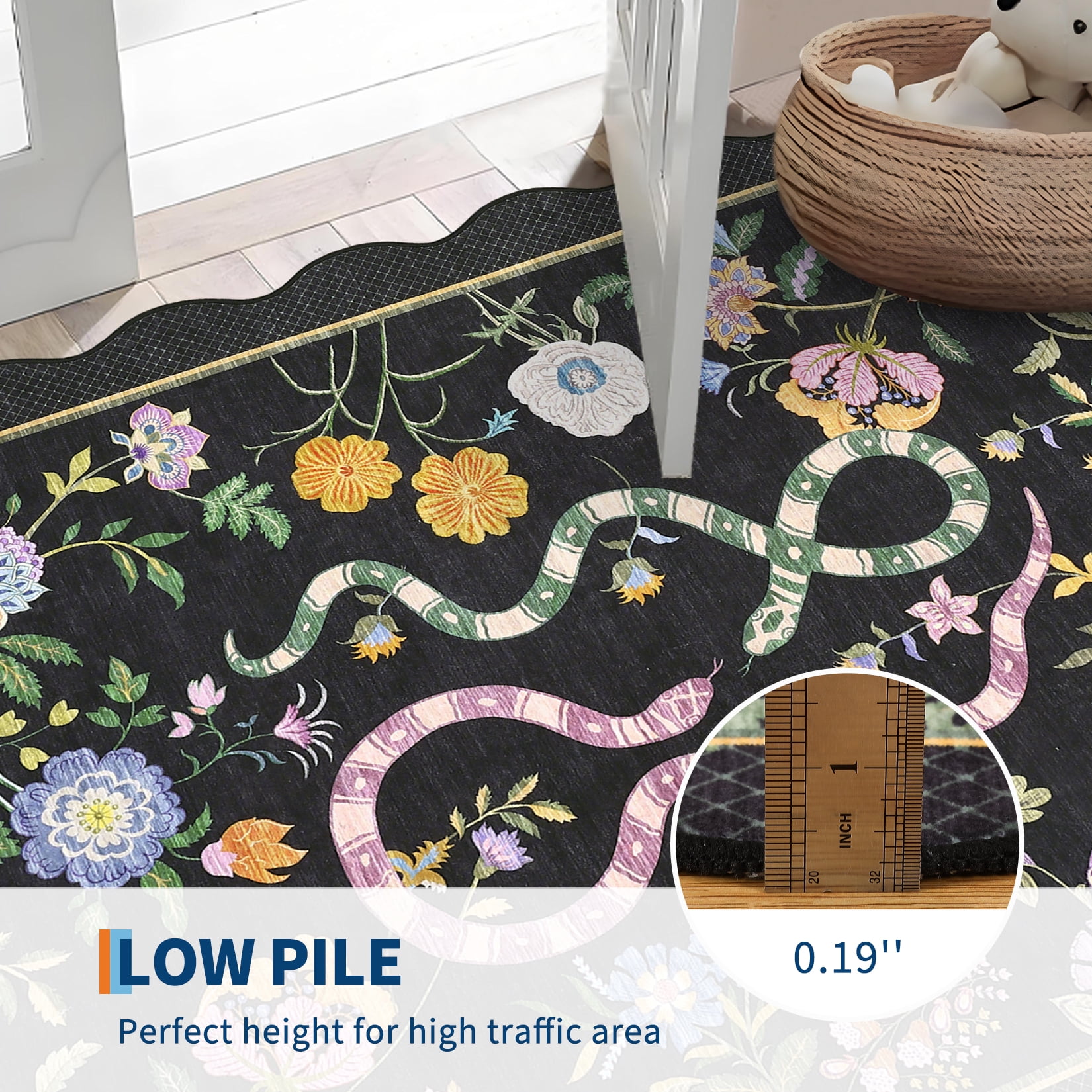 Hasoo Scalloped Runner Rug 2x6 Non-Slip Washable Low Pile Floral Snake Print for Kitchen Indoor Black