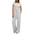 thumbnail image 5 of FLMEI Women's Tracksuit 2 Piece Outfits Womens Ruched Short Sleeve T-Shirt Tops and High Waisted Wide Leg Pants Summer Casual Sets, 5 of 9