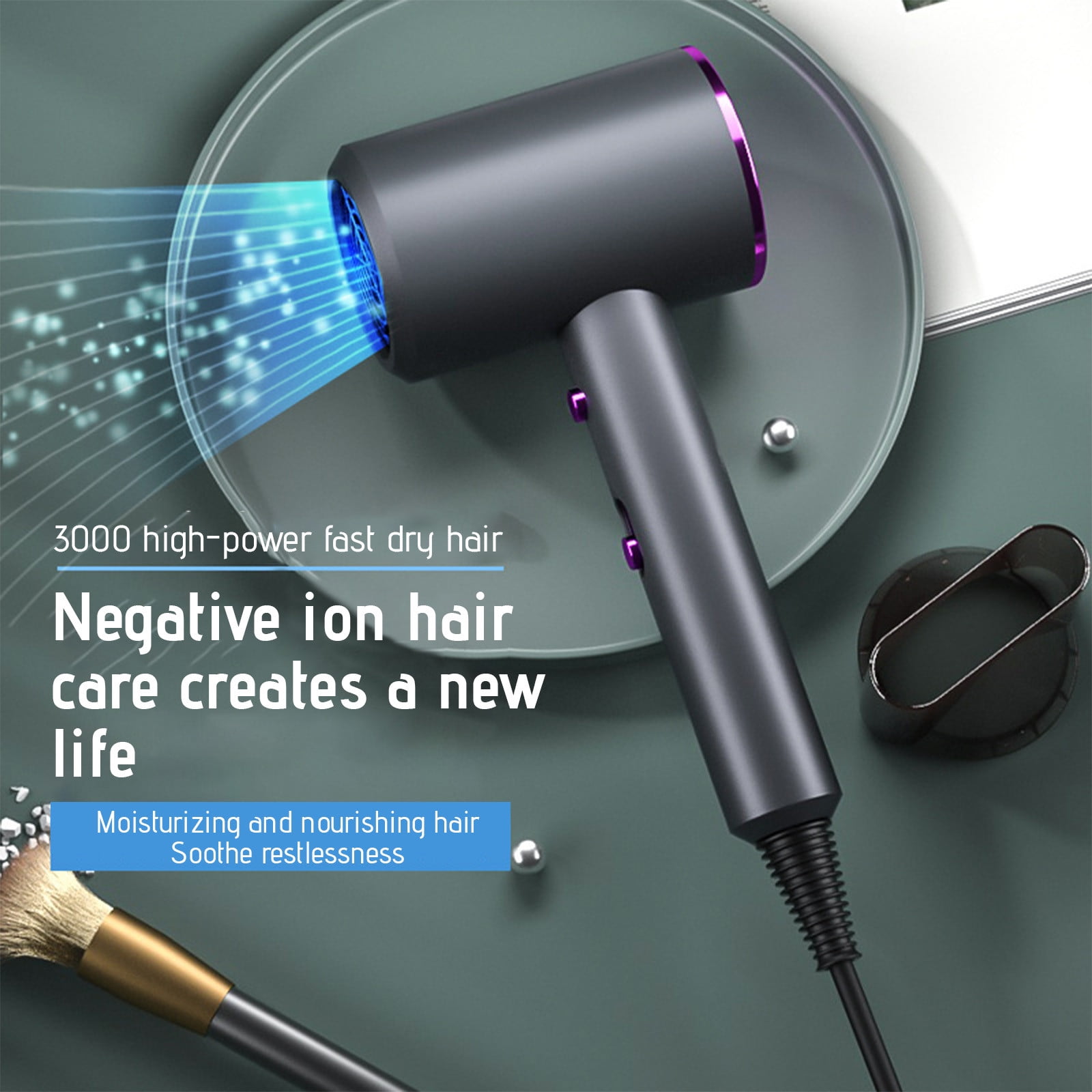 Negative Ion Hair Dryer, Compact Portable Blow Dryer, Fast Drying Hair Styling Tool, Quiet Operation with Diffuser, Home and Travel Use