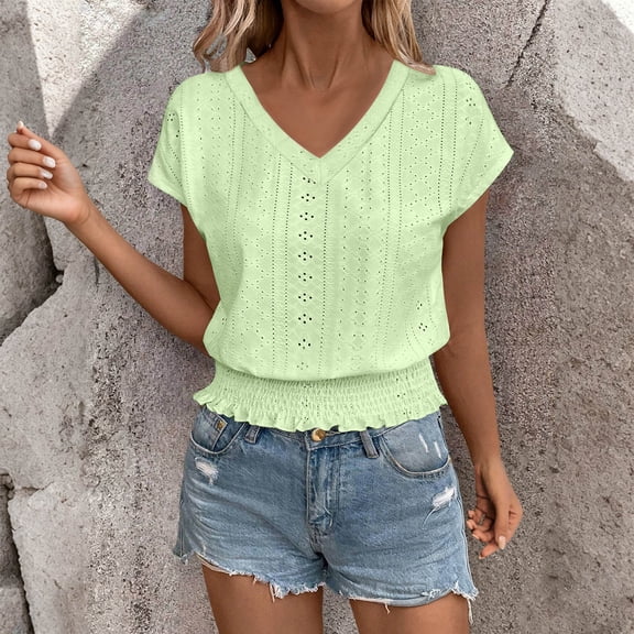 LEKWK Eyelet Tops for Women V Neck Short Sleeve Casual Summer Shirts Fashion Smocked Waist Solid Crop Top Beach Vacation Going Out Outfits