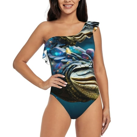 Qokaie Starry Sky Colorful Crocodile Print Women s One Piece Swimsuits Tummy Control Bathing Suits Asymmetric One Shoulder Swimwear-