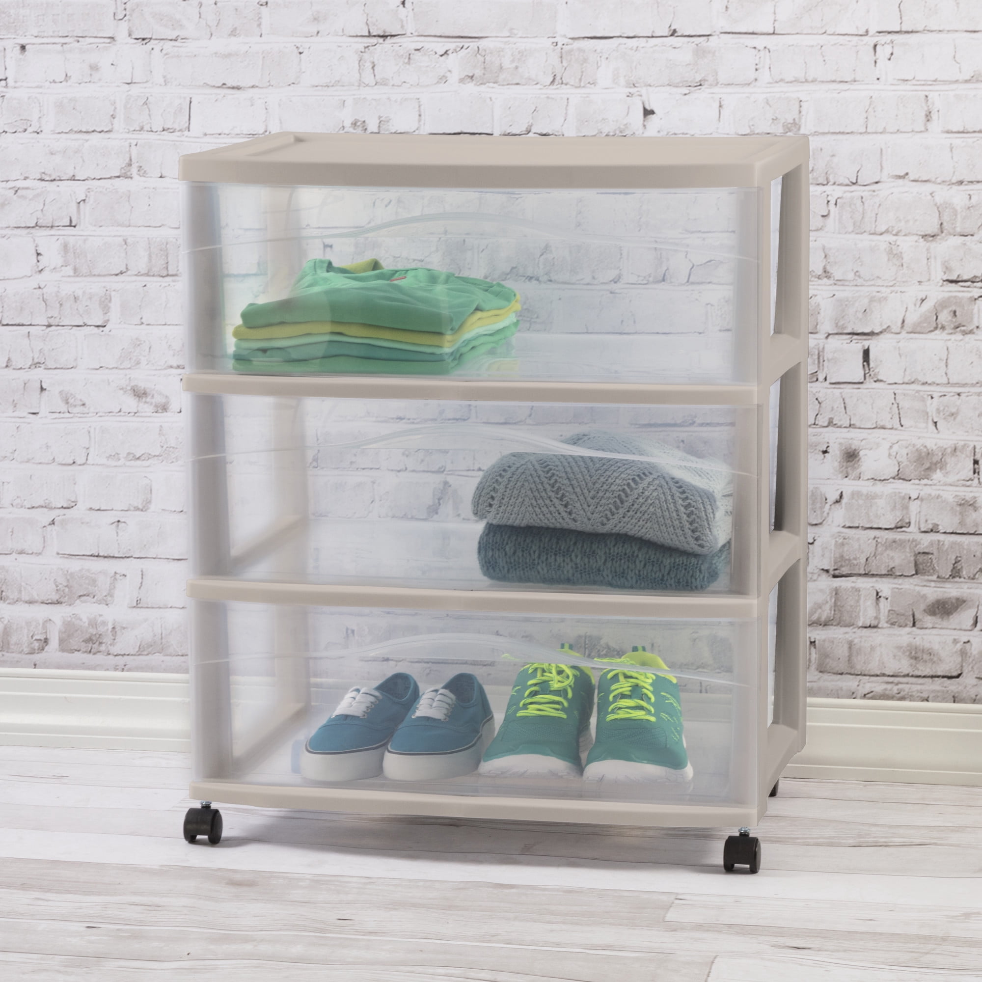 grey plastic dresser Sterilite Wide 3 Drawer Storage Cart, Rolling Organization, Pumice, 3 Pack large plastic drawers