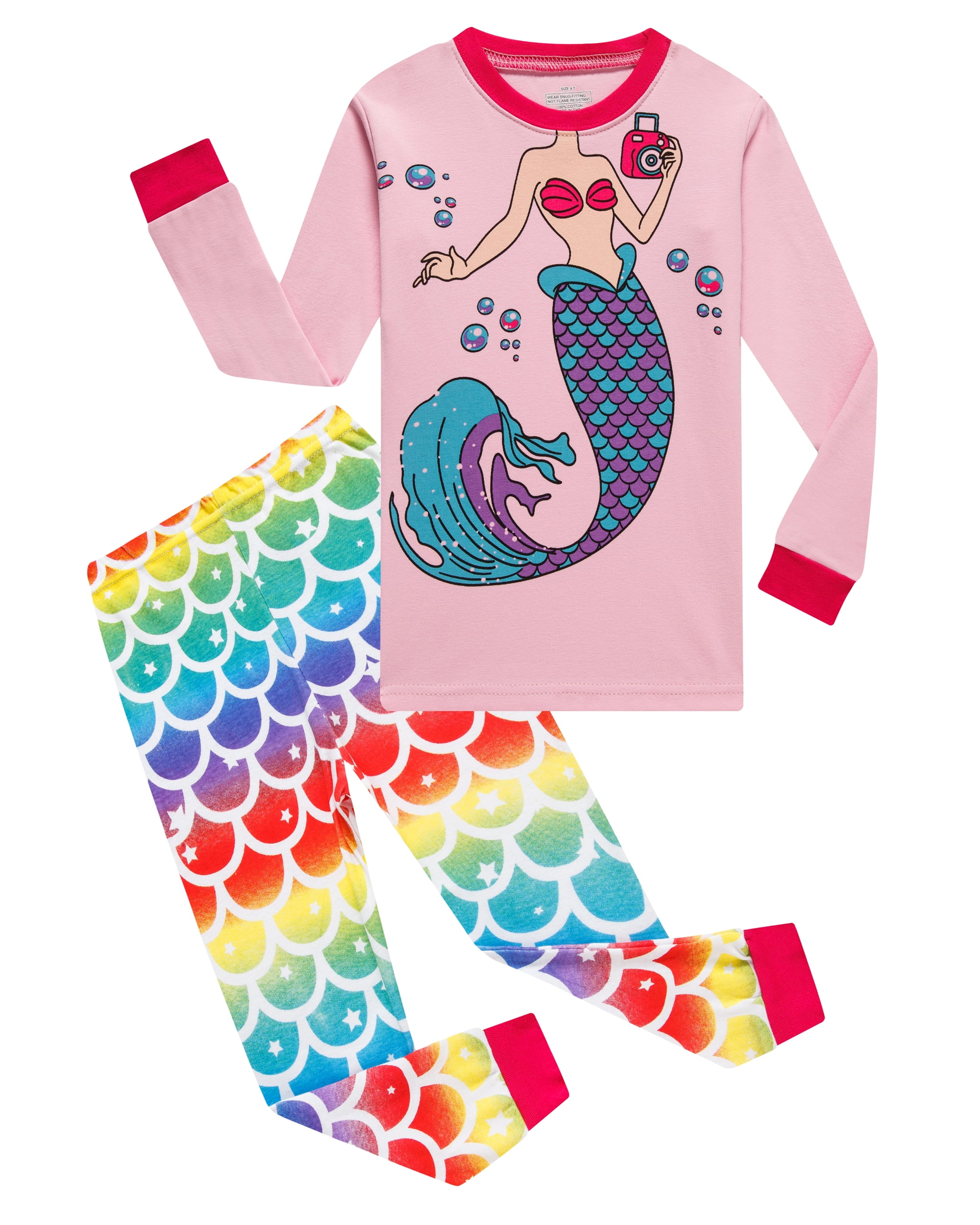 Aolyty Girls Mermaid Pajamas Long Sleeve Sleepwear Set Cotton Pj 7T