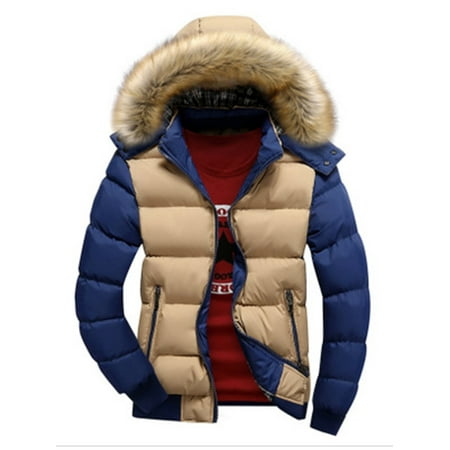 Plus Size Men Winter Warm Zipper Big Fur Collar Hooded Coat Jacket Contrast Color Long Sleeve Hoody Hooded Parka Jacket (Best Warm Jackets For Winter Uk)