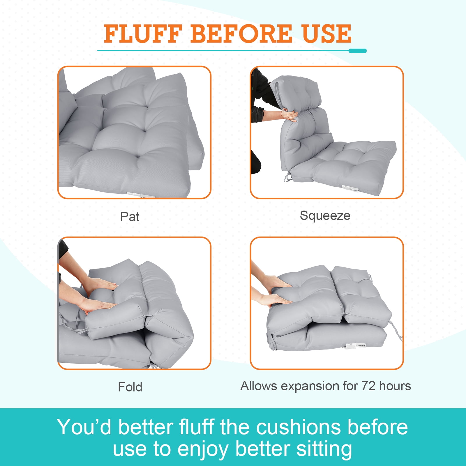 EAGLE PEAK Tufted Outdoor/Indoor High Back Patio Chair Cushion, Set of 2, 46'' x 22'', Light Gray