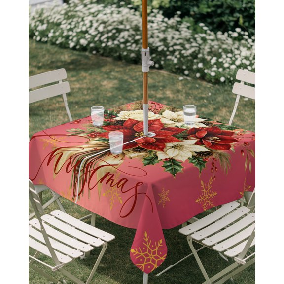 Outdoor Tablecloth with Umbrella Hole, Red White Poinsettias Holly Berry Zippered Table Cloth for Rectangle Tables, Christmas Bouquet Snowflake Waterproof Tablecloths for Picnic Patio Garden
