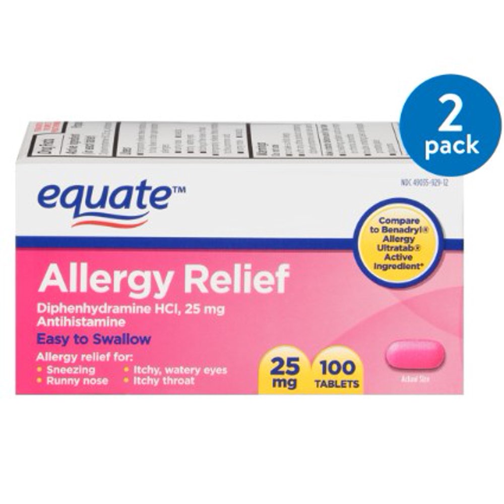 (2 Pack) Equate Allergy Relief Diphenhydramine Tablets, 25 mg, 100 Ct