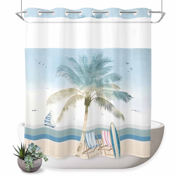 No Hook Shower Curtain, Summer Beach Chair Shower Curtains for Bathroom with See Through Top Window, Coastal Palm Trees Canoeing Waterproof & Washable Bath Curtain Standard 72"x72"