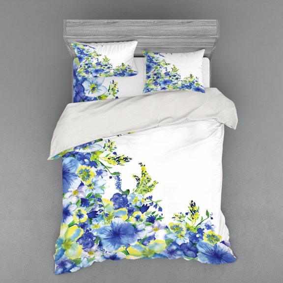 Ambesonne Blue Bedding Set 4 Pcs, Bridal Leaves, Queen, Yellow Blue