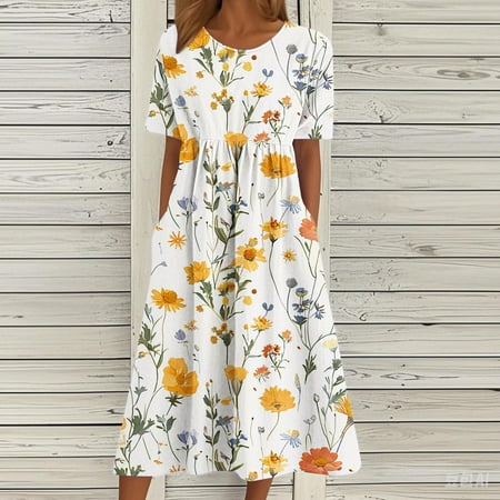 ‌FDGIU ‌‌‌‌‌Square Neck Sundress - Women s Summer Casual Short Sleeve A-Line Dress | Beach Vacation Wear with Pockets