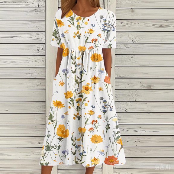 ClodeEU Women's Summer Floral Print Short Sleeve Round Neck Knee Length Dress,Casual Loose Dress Multicolo 03,Womens Plus XXL