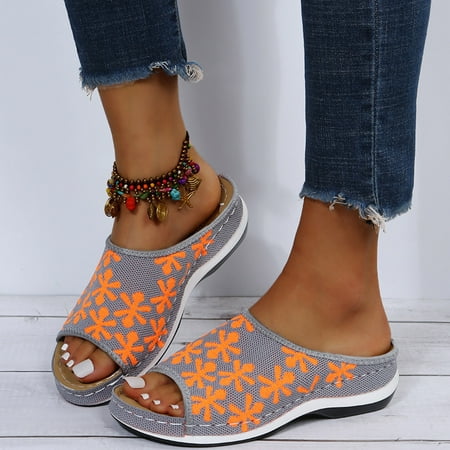 

Fish Mouth Slippers Retro Color Matching Flowers Wedges With Flying Woven Slippers