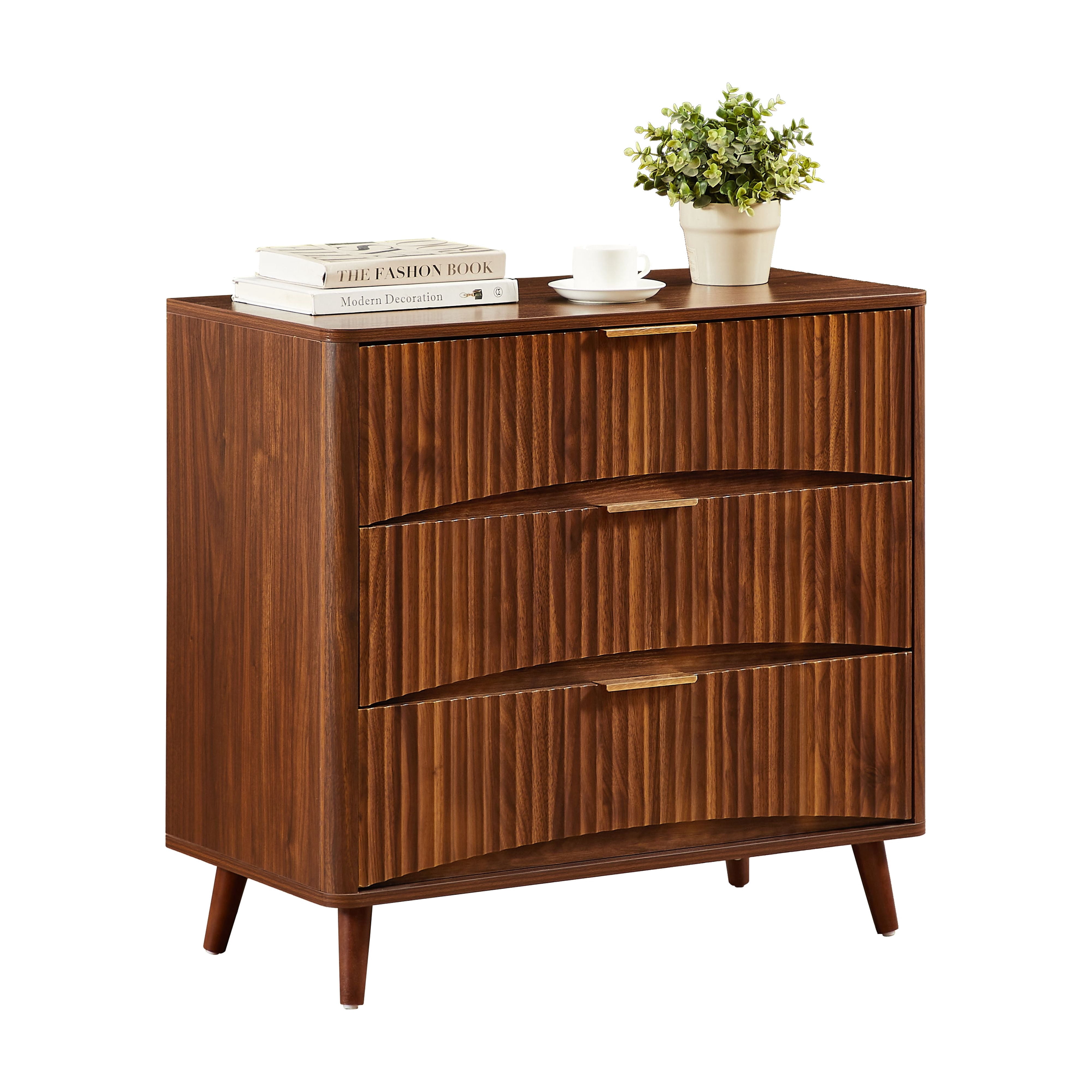 3 Drawer Dresser, Tall Chest of Drawers with Vertical Grooved Design, Solid Wood Storage Cabinet with Metal Handles for Bedroom Living Room, Walnut (31.5"W x 15"D x 30"H)