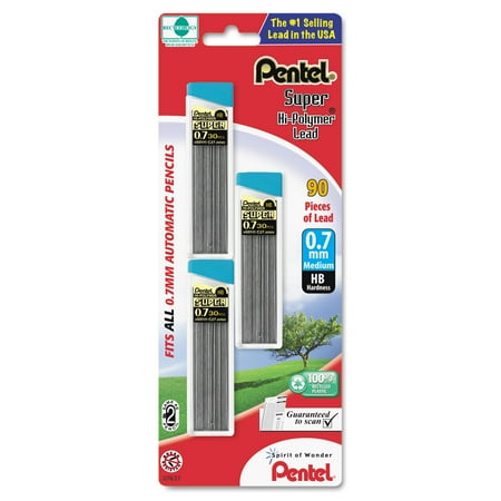 Pentel Super Hi-Polymer Lead Refills, 0.7mm, HB, Black, 30/Tube, 3 Tubes/Pack