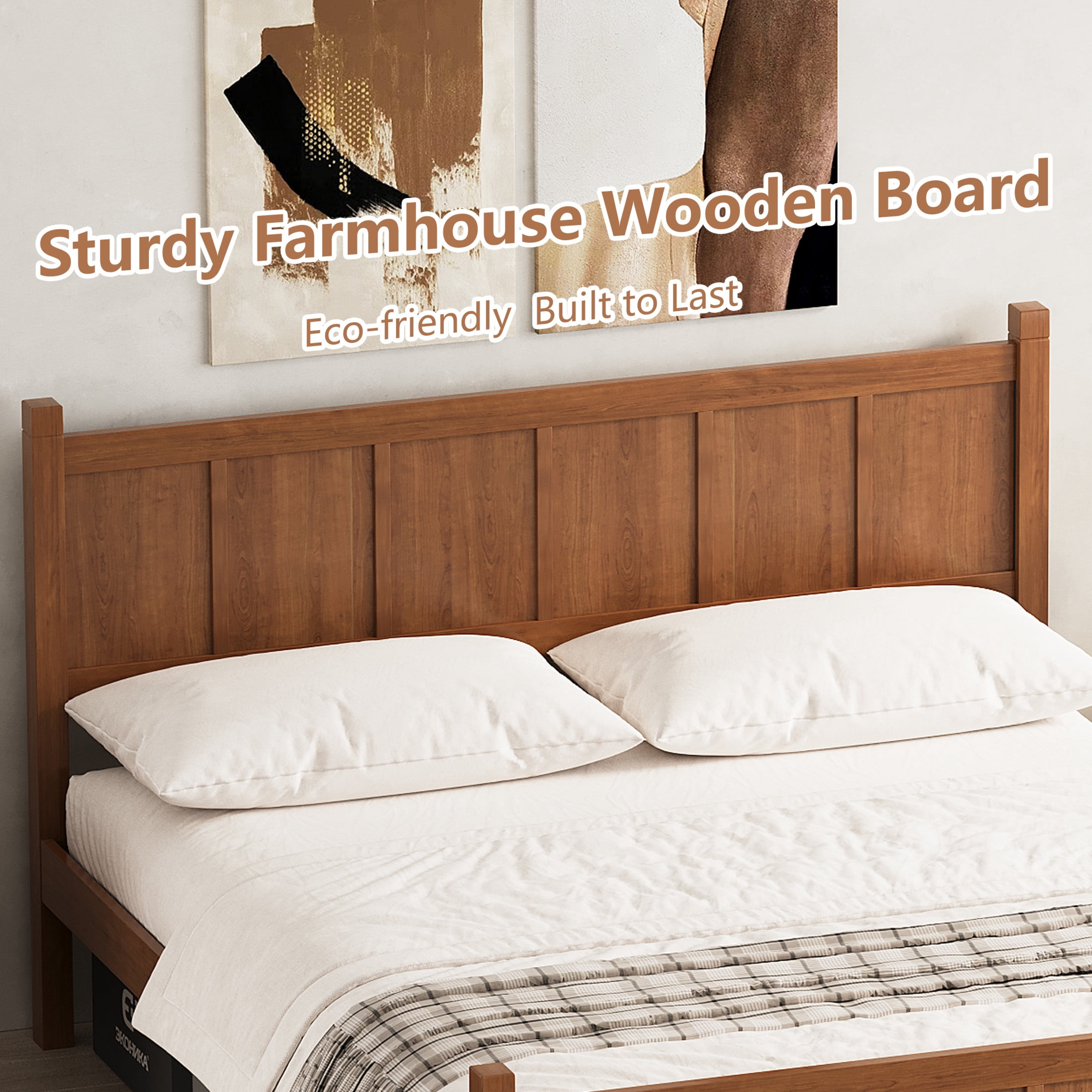 Noble House Queen Platform Bed with Headboard and Footboard, Wood Frame, Light Walnut