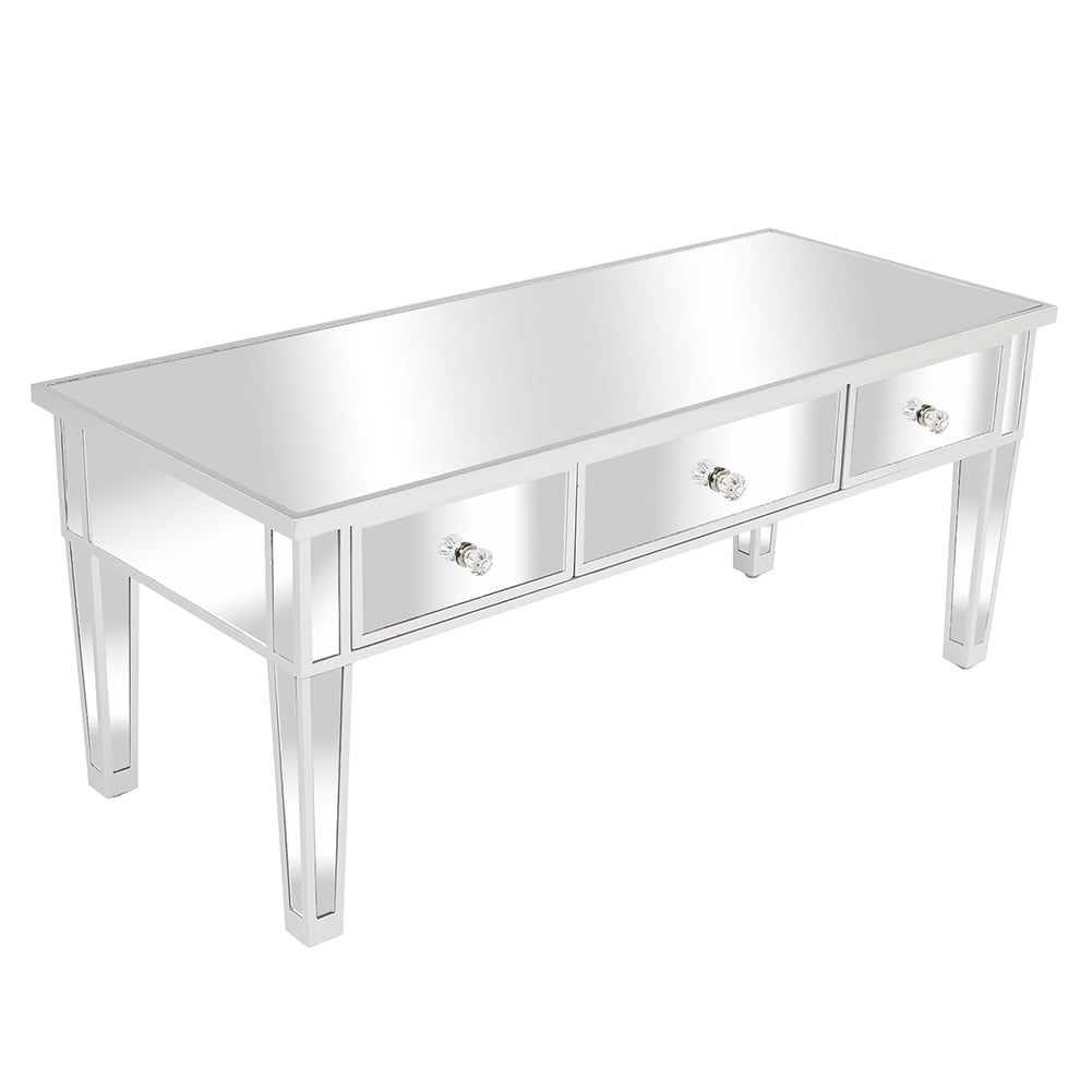 Kepooman Mirror Artificial Wood Coffee Table with 3 Drawers, Mirror Console Table for Living Room, Mirror Silver Kepooman Mirror Artificial Wood Coffee Table with 3 Drawers, Mirror Console Table for Living Room, Mirror Silver
