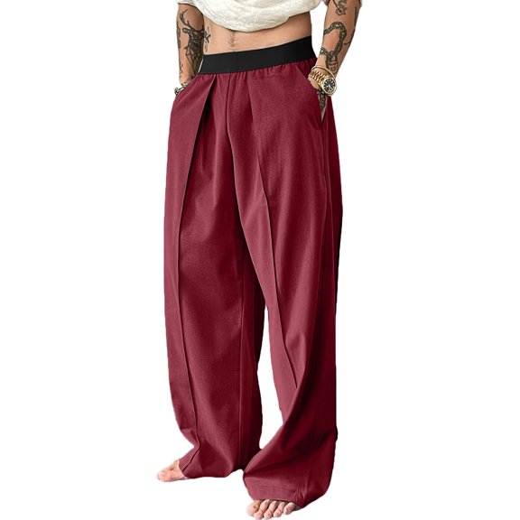 Baggy Wide Leg Pants For Men Contrast Wide Elastic Waist Wide Leg Dress Pants Loose Pleated Front Drapey Casual Suit Trousers With Side Pockets Lightweight Wrinkle Resistant Bottoms