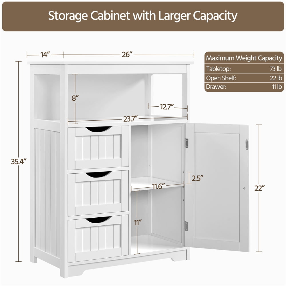 Yaheetech 35.5" Height Bathroom Floor Cabinet with 1 Door and 3 Drawers, White