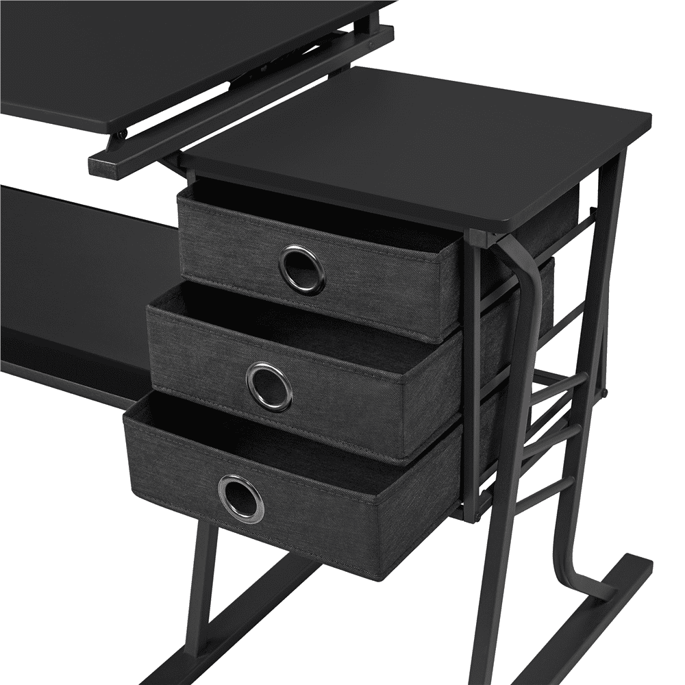 Renwick Drafting Table & Stool Set with Tilting Tabletop & Side Countertop, Black