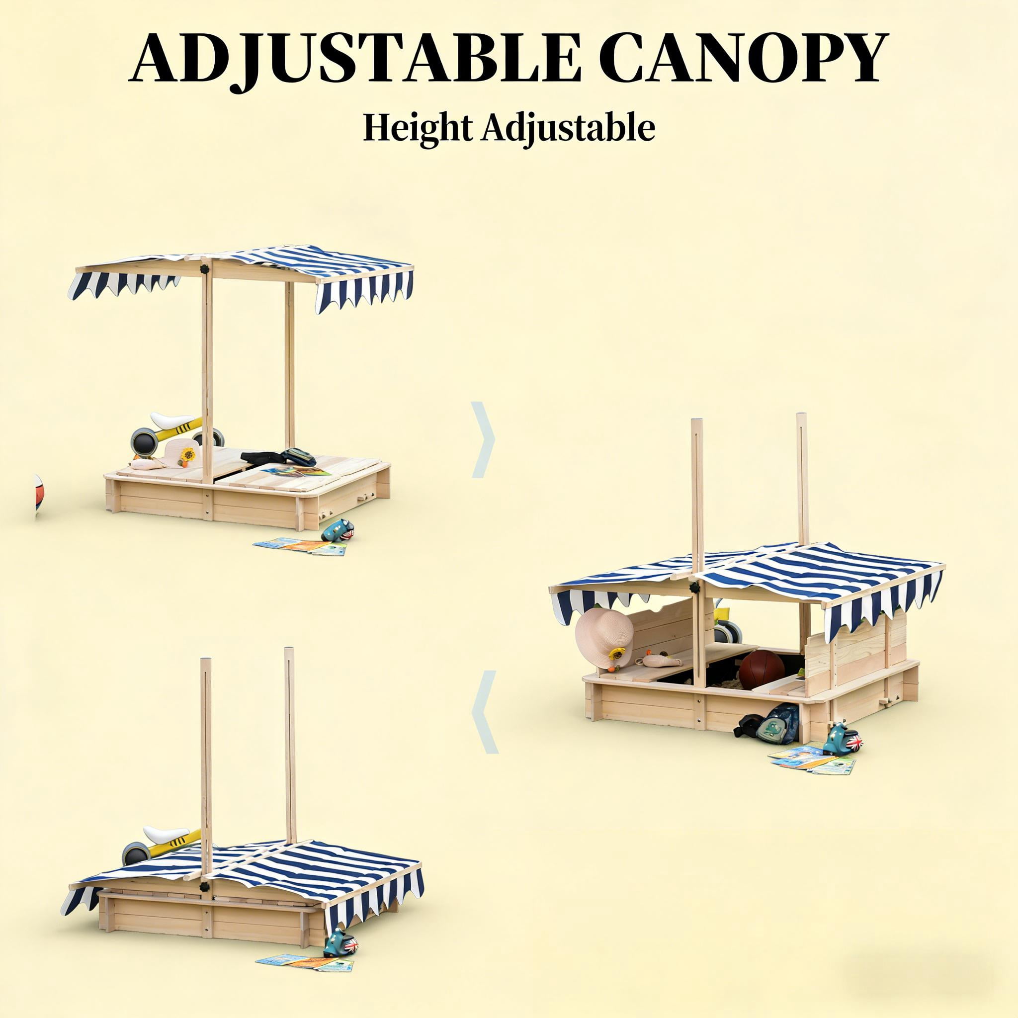 Kids Wooden Sandbox with Adjustable Height & Angle Canopy, Foldable Backrest Bench, Detachable Seats, Non-Woven Bottom Liner, Outdoor Children Sand Play Station for Backyard, Ages 3-7