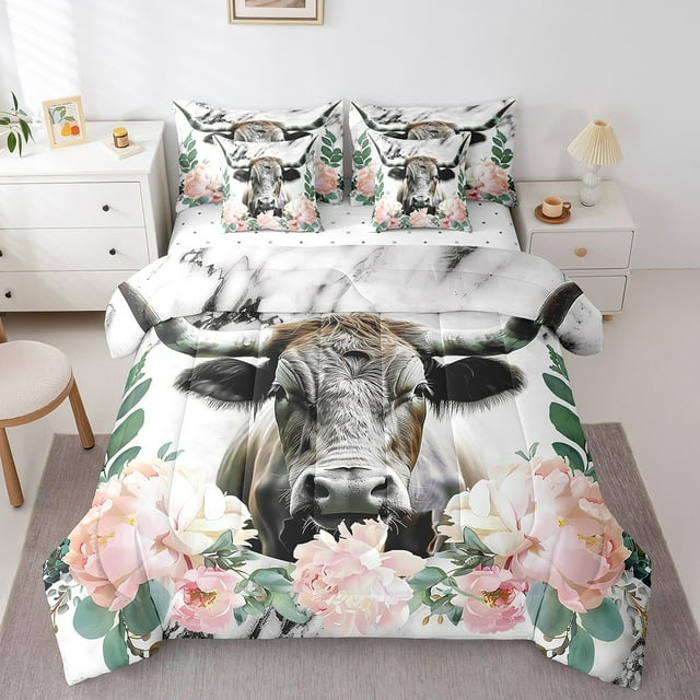 YST Longhorn Bull Comforter Set, 7-Piece Western Farm Animals Bedding Ensemble, Queen