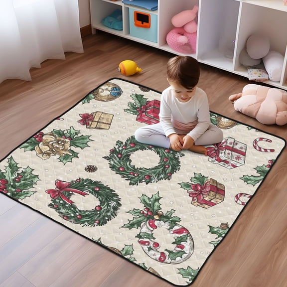 WOBOGO Christmas Elements Wreaths Trees Pattern Baby Playmats Extra Large Waterproof Rollable Activity Pads for Toddlers 50×50inch