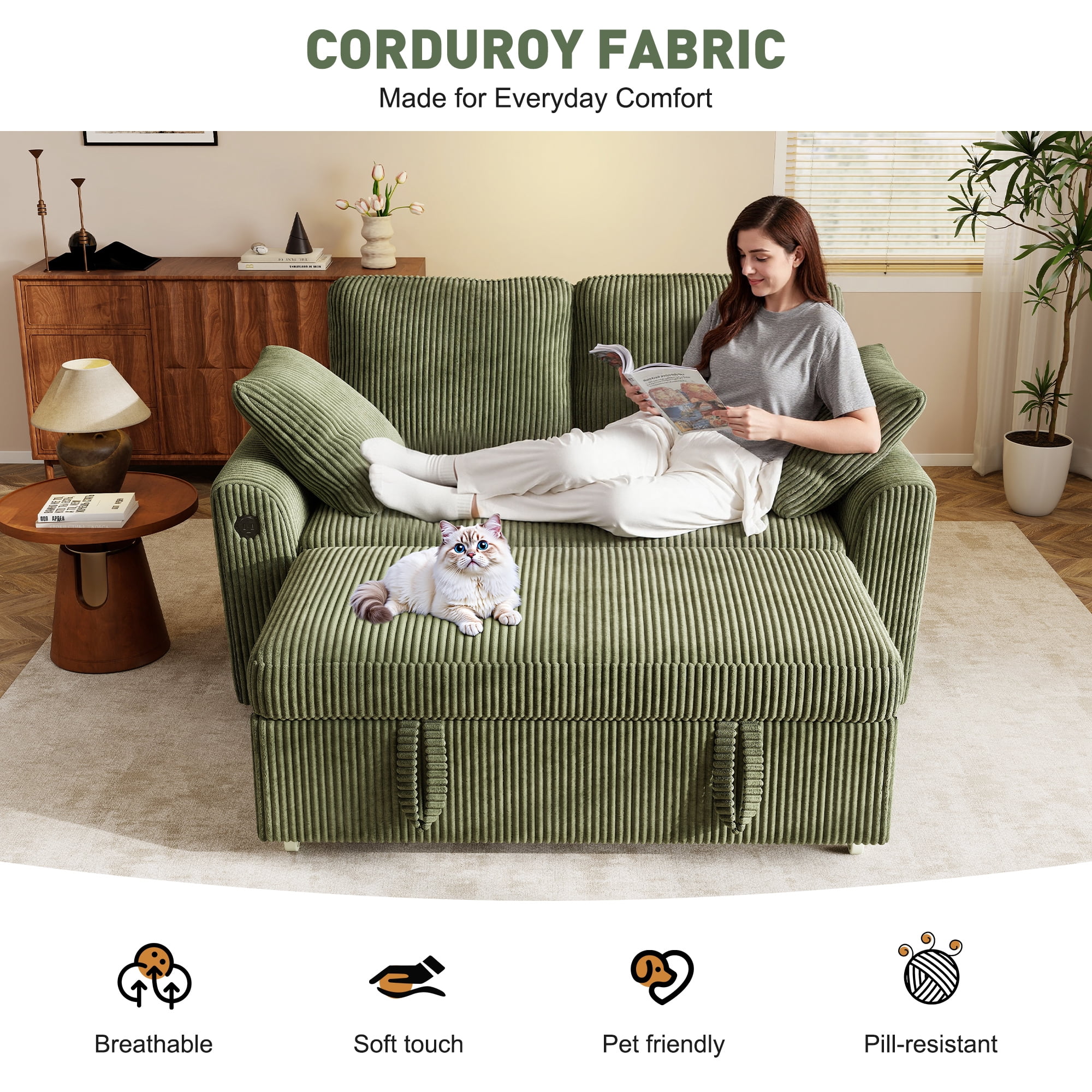 BedLuxury 59" Loveseat With Pull Out Bed, Sleeper Sofa Bed With USB Charging & Side Storage for Small Spaces, Corduroy Green