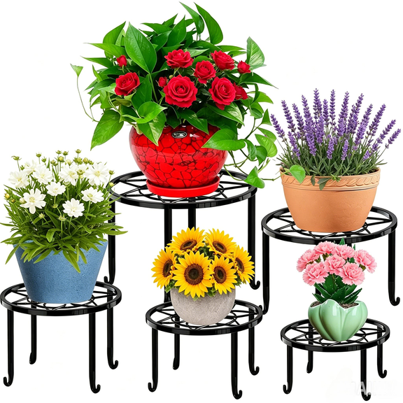 5 Pack Metal Plant Stands, heavy duty potted holders for flower pots; indoor/outdoor rustproof iron garden container round support racks for planters.
