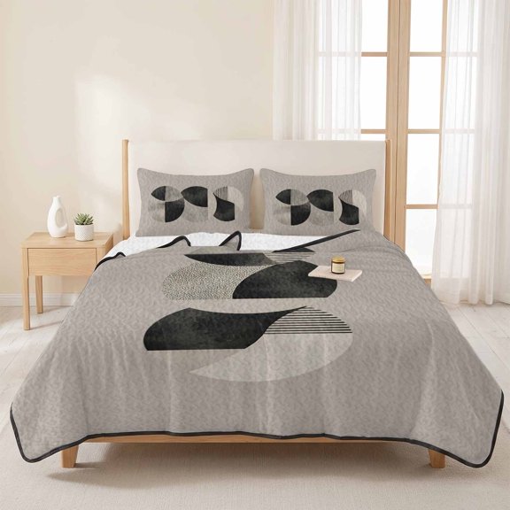 Modern Linear Wall Art 3 Pieces Quilt Set,1 Quilt with 2 Shams,Black Gray Circle Bedspread Soft Lightweight Bedding Coverlet Comforter Set for All Season 96"x106"