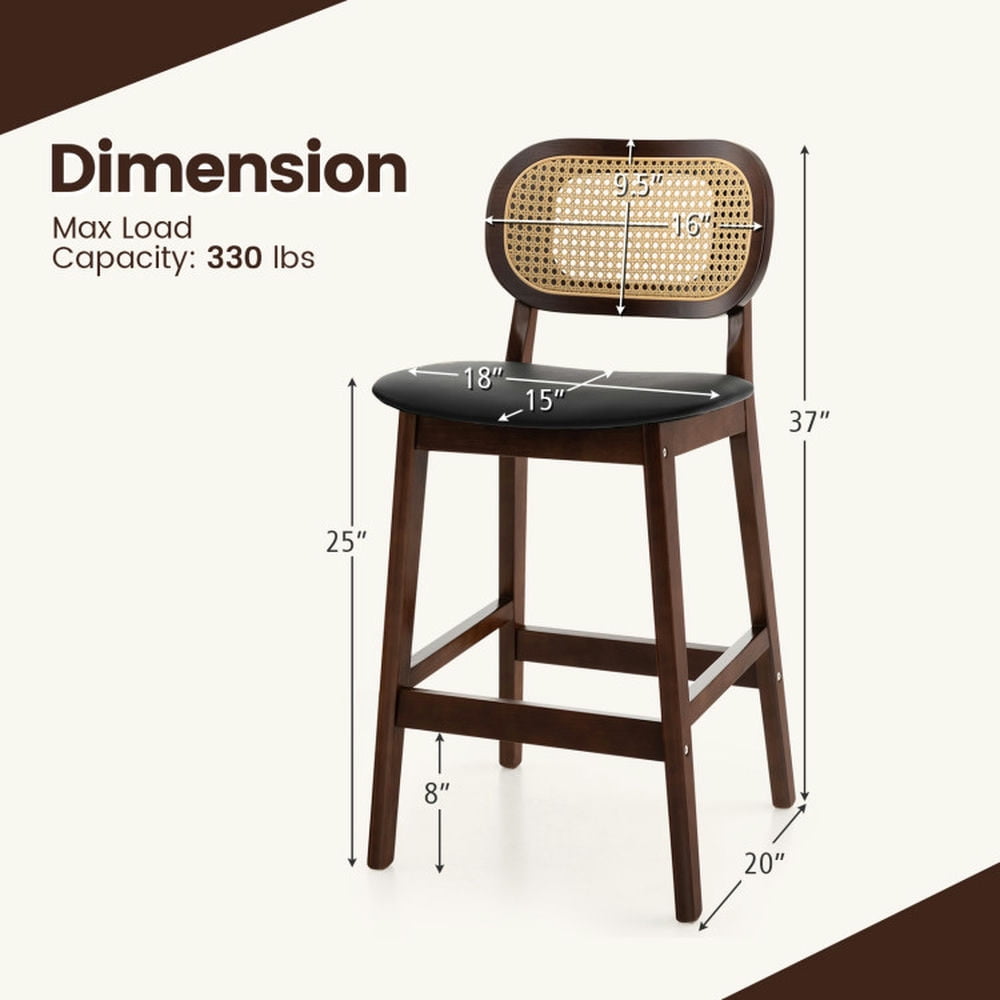 Demi Bonn Wood Bar Stool with PE Rattan Backrest Padded Seat and Footrest, Modern Kitchen Dining Chair, Brown