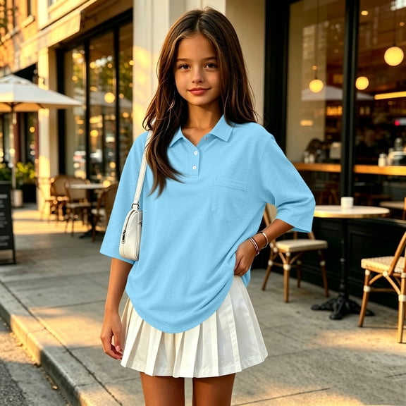 Girls Polo Shirt Summer Slim Fit Short Sleeve School Uniform Collared Polo Shirts for Girls Back to School Blue,3-4 Years