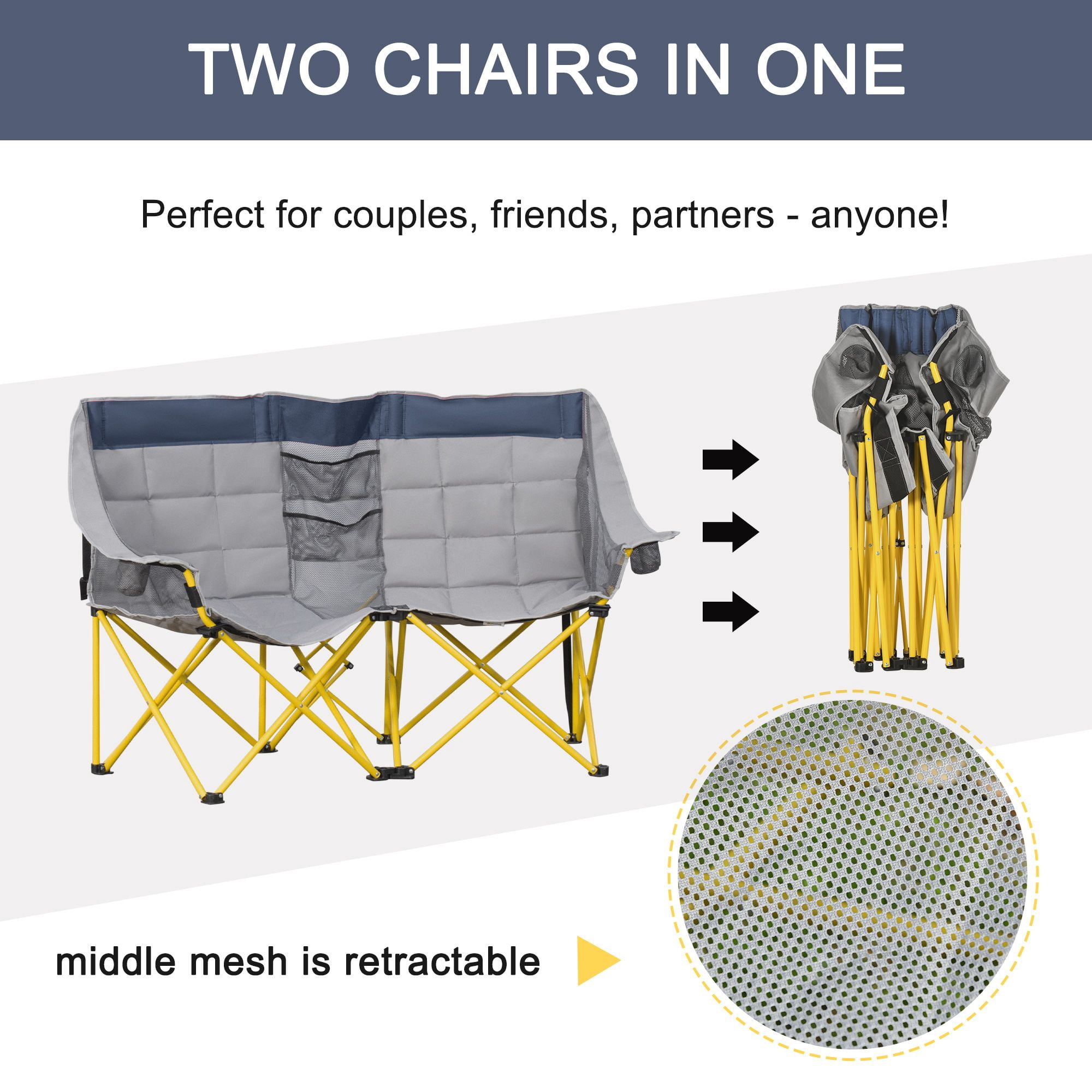 2 Person Double Folding Camping Loveseat Chair, Side-by-Side Outdoor Chair with Cup Holders Middle Storage Pocket Steel Frame Supports 264lbs Per Seat with Carry Bag