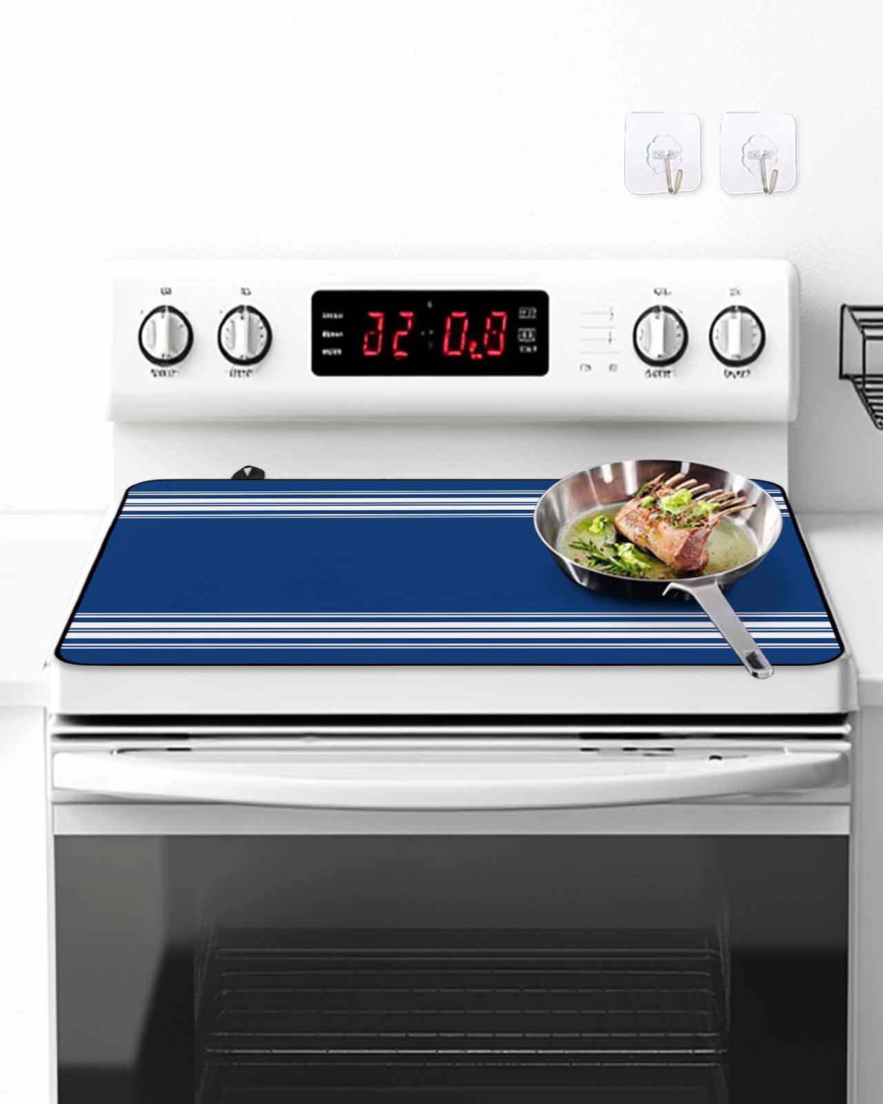 Stove Top Covers for Electric Stove, Blue Striped Glass Stovetop Cover Protector, Farmhouse Blue White Stripes Induction Cooktop Protector Oven Mat for Kitchen Countertop 24"x21"