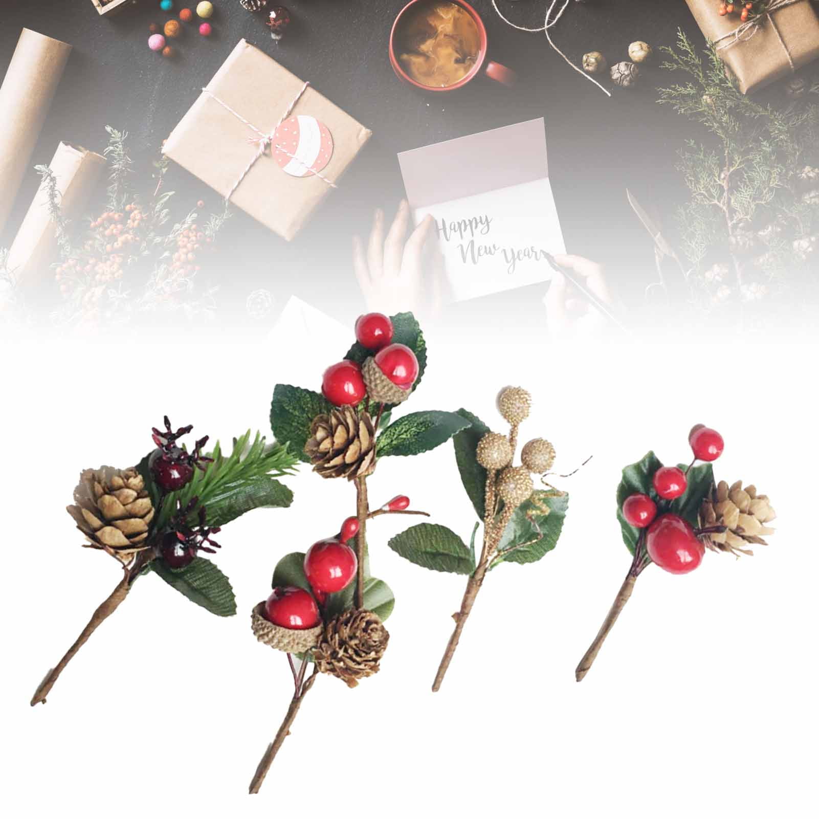 12 Sets(60Pcs) Red Berries Pine Cones Artificial Flowers - Plastic Dried Flower Card Accessories for Gift Package Wedding Party Holiday DIY Decorations