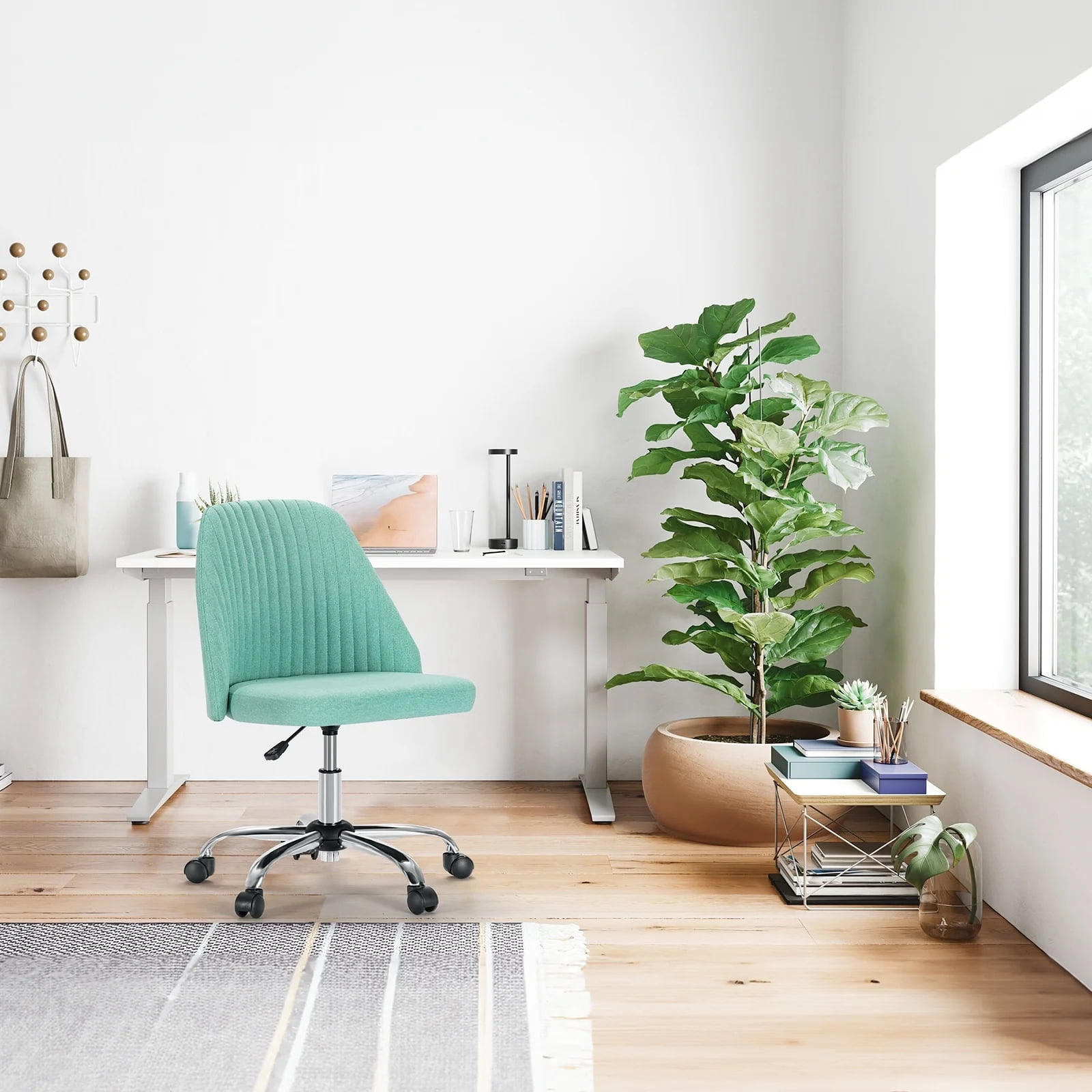 JOINSUN Armless Office Chair Modern Fabric Home Office Desk Chair, Adjustable Swivel Vanity Chair, Green