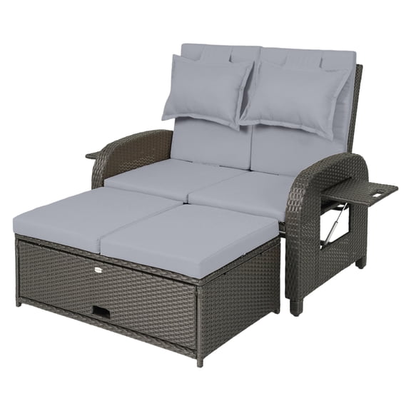 Patio Rattan Daybed with Ottoman, Outdoor Loveseat, Adjustable Backrest, Gray - 3-in-1 Convertible Wicker Daybed for Patio, Poolside, or Garden